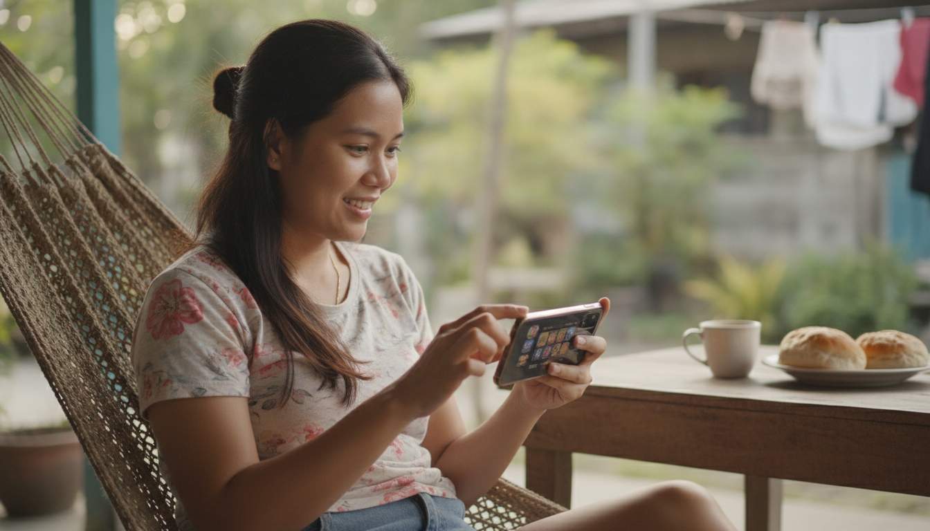 Exploring Slot Games Woman exploring slot games on a mobile device